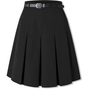 Women Knee Length Pleated Skirts, Girl Midi Long High Waisted Skirt Black